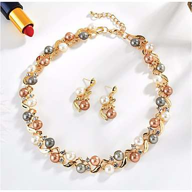 baratos Conjunto de Bijuteria-Mulheres Pérolas de água doce Brincos em Argola Colar vintage Estilo vintage Retro Torcido Formato de Folha senhoras Vintage Elegante chique Brincos Jóias Dourado / Prata Para Festa Cerimônia