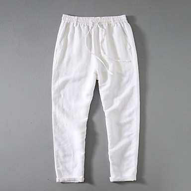 baratos Chinos-Homens Básico Chinos Calças - Sólido Linho Bege Cinzento Azul Claro XXL XXXL XXXXL